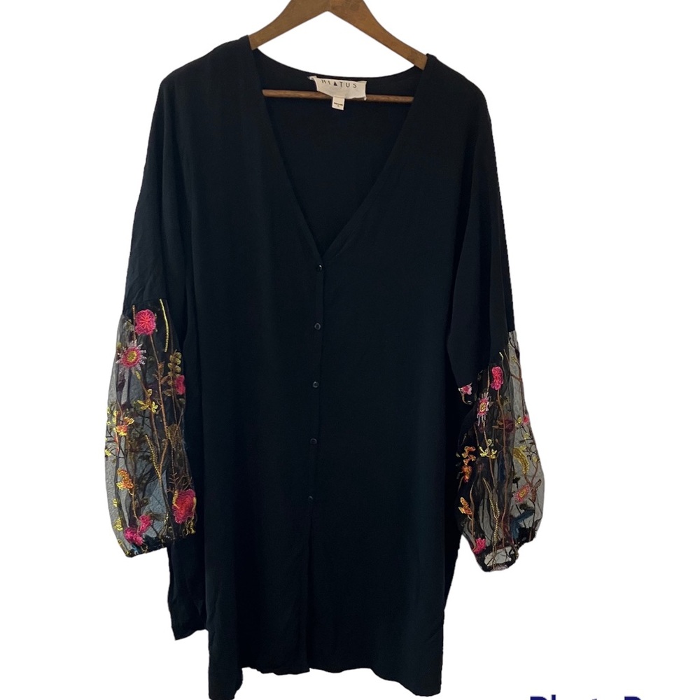Hiatus Romantic Black Duster With Floral Embroidered Lace Sleeves- 3X